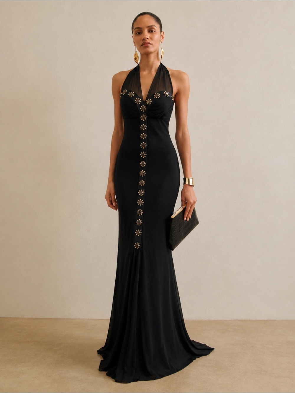 Andy Anand Black Halter Embellished Evening Gown Vampy Hollywood Glam | M